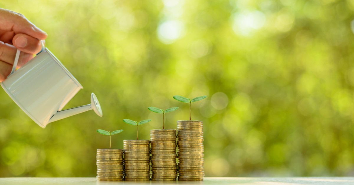 A person is pouring water on several stacks of coins during the day while green plants grow from each stack.